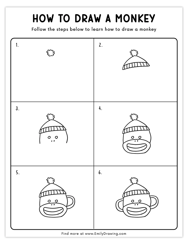 Step-by-step tutorial to draw a cute sock monkey wearing a winter hat.