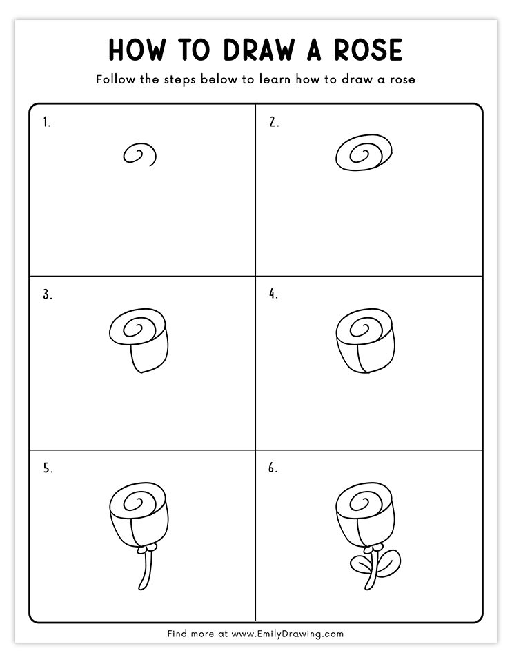 A simple 6-step guide to sketch a spiral rosebud with a stem and leaves.