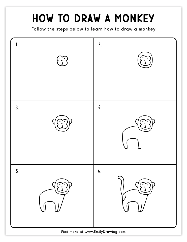 Step-by-step guide to draw a standing monkey with a tail.