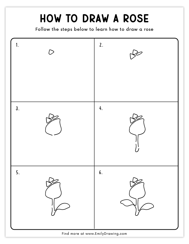 A 6-step tutorial to sketch a creative rose design with leaves and stem.