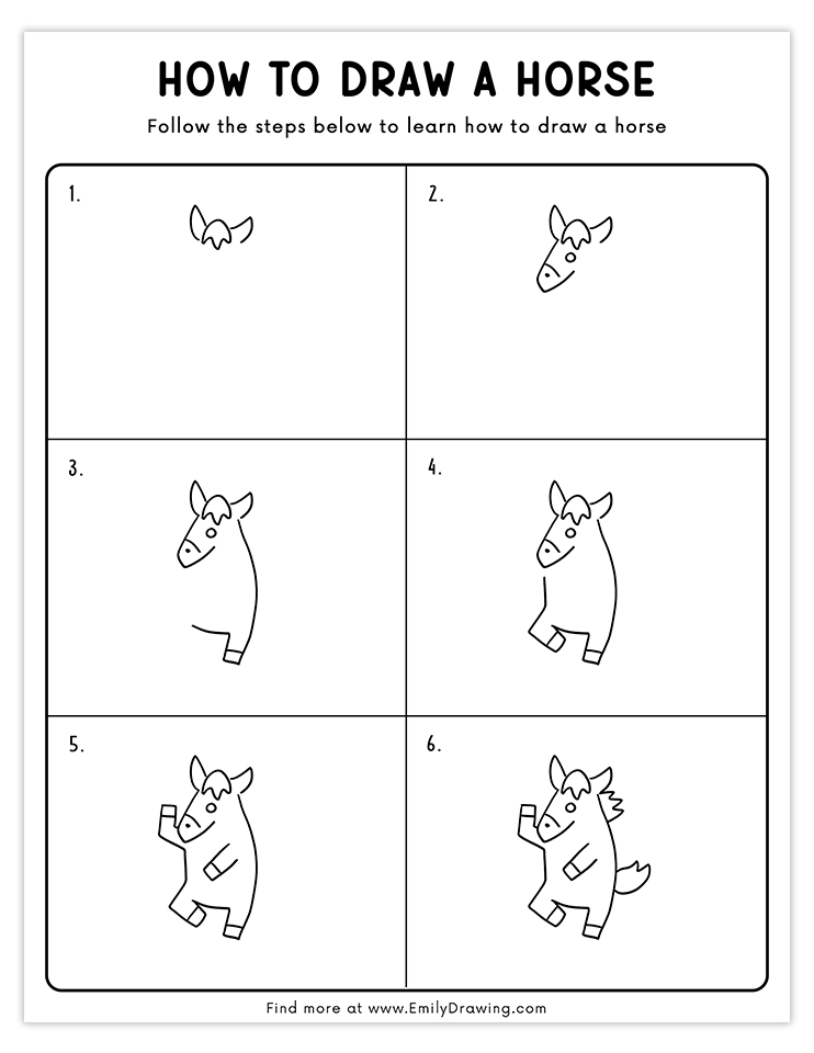 Step-by-step guide to draw a dancing horse easily.