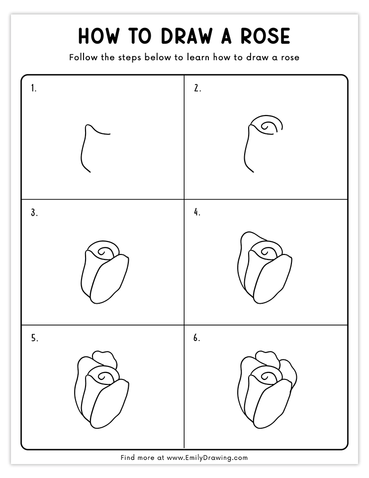 Learn to draw a realistic rose step-by-step with detailed petals and a spiral center.