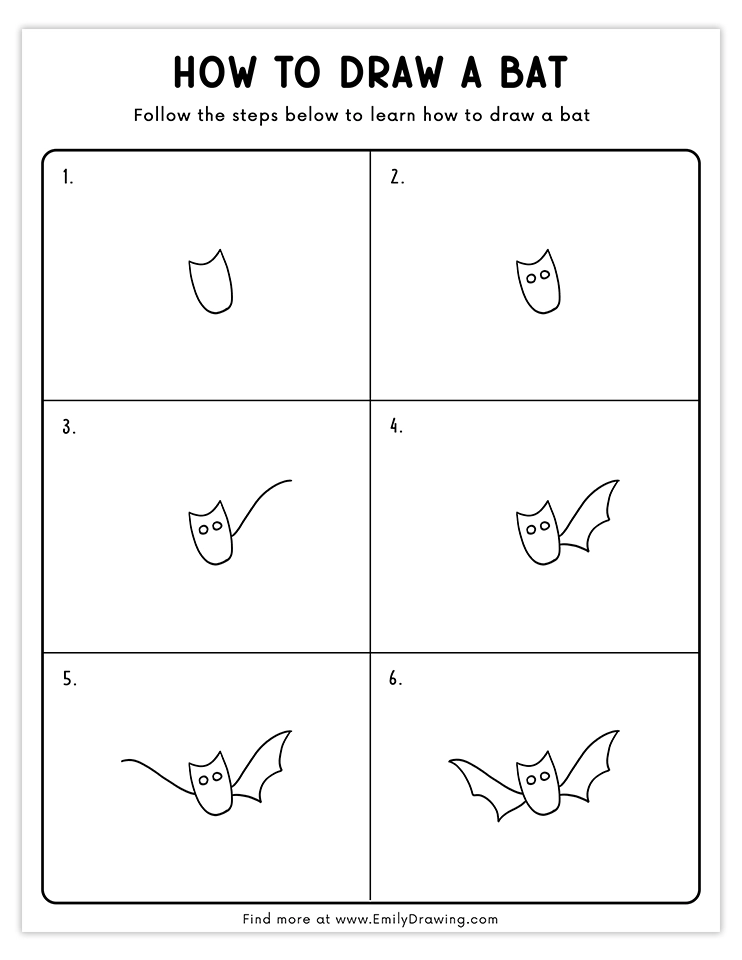 Step-by-step guide to draw a bat with basic shapes and wings, ideal for beginners.