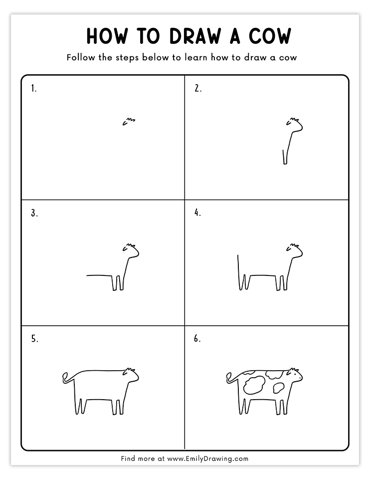 Easy step-by-step cow drawing instructions, featuring a detailed yet simple process to create a complete cow sketch.