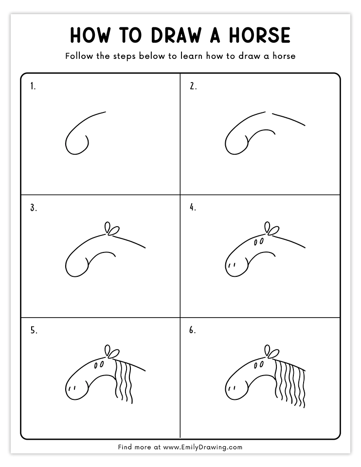 Step-by-step guide to draw a horse head with mane.