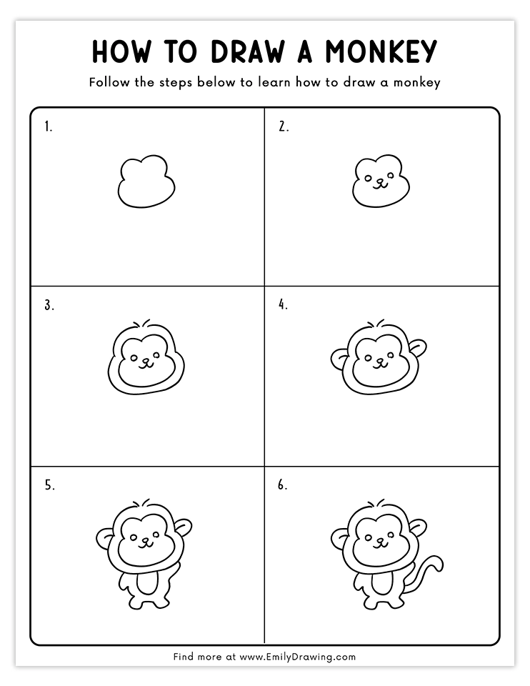 Step-by-step guide to draw a playful cartoon monkey.