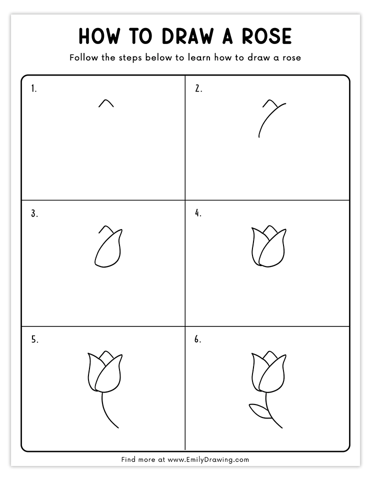 A beginner-friendly 6-step guide to drawing a rosebud with petals and leaves.