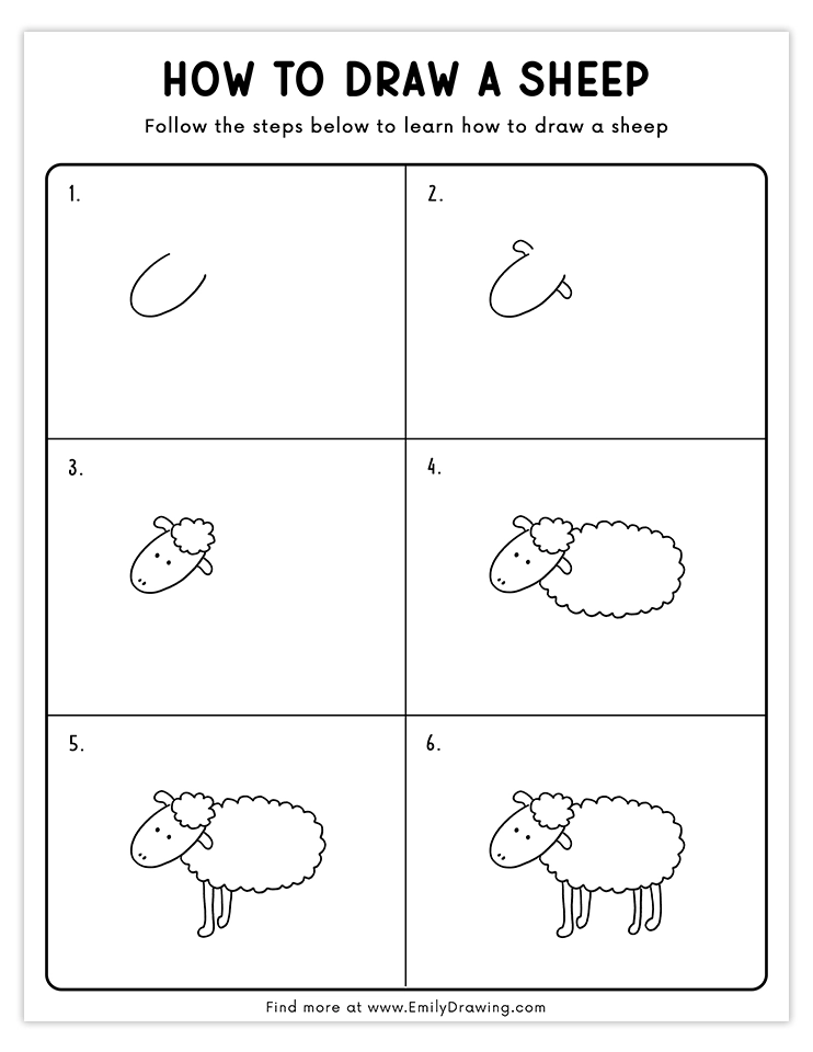 Easy step-by-step guide to draw a cute sheep, perfect for kids and beginners.