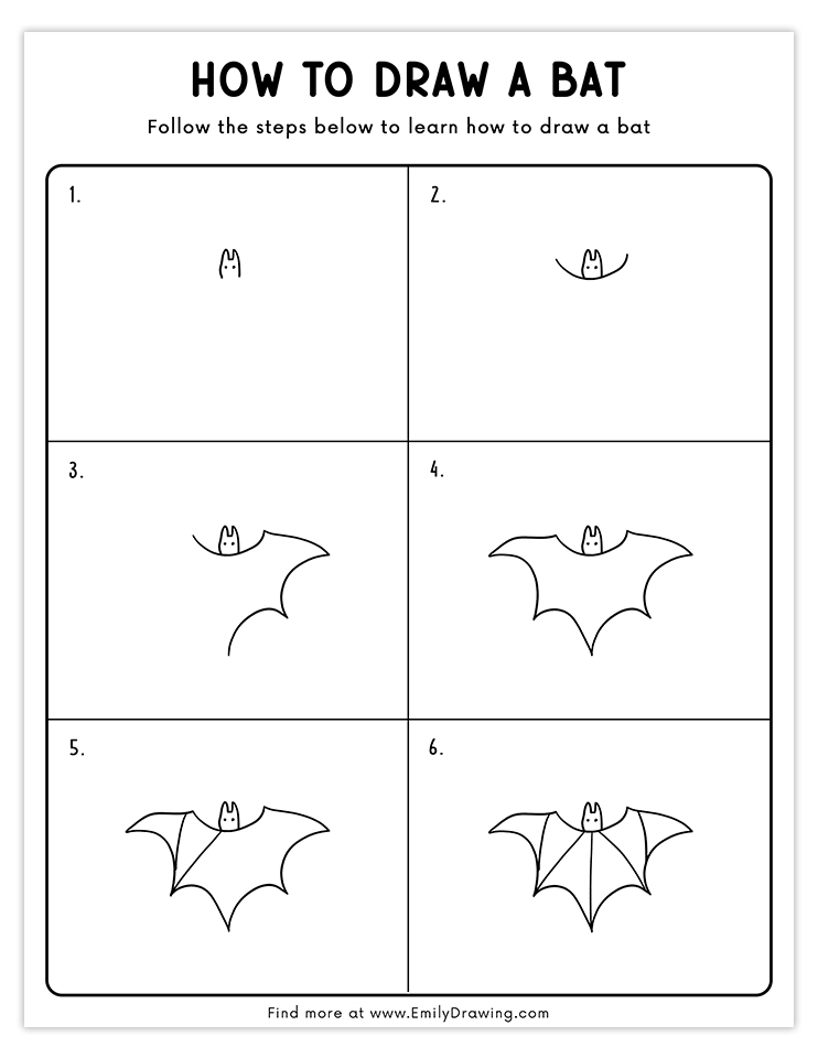 Easy tutorial to draw a bat with detailed wings and a simple face, ideal for kids.