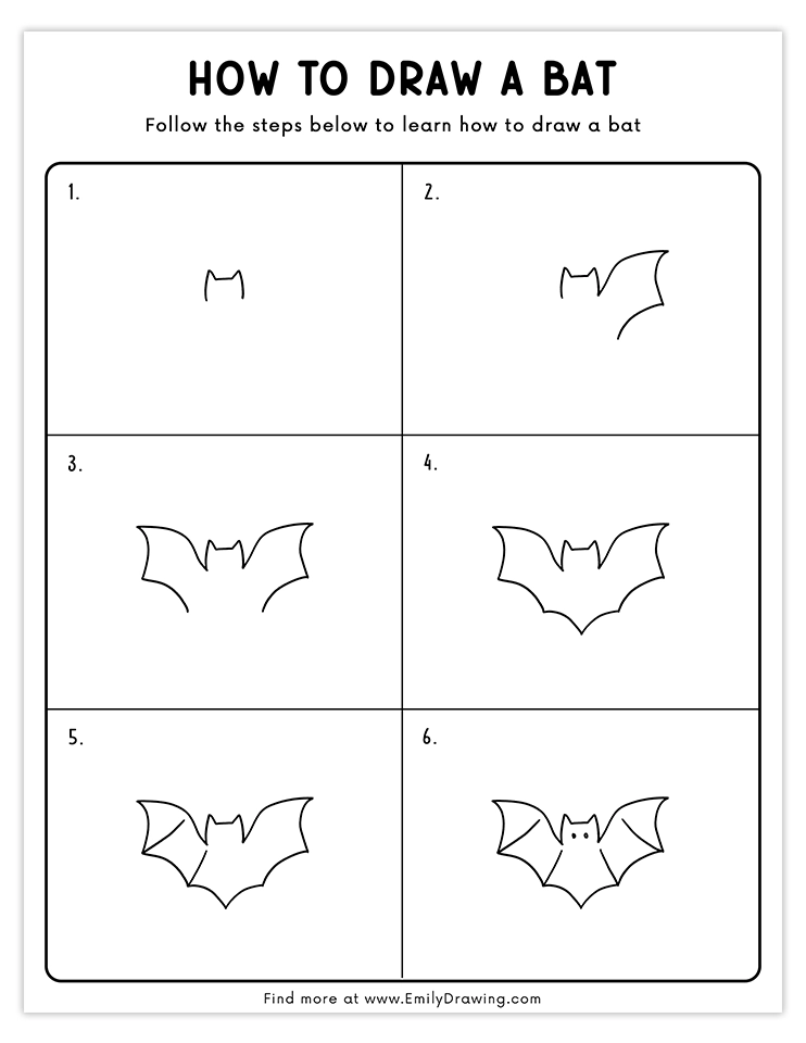 Step-by-step tutorial for drawing a bat with spread wings, ideal for kids and beginners.