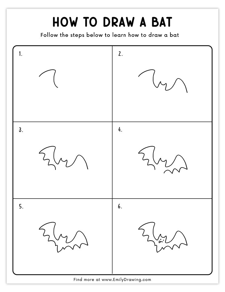 Easy tutorial to draw a bat with curvy wings, perfect for kids and beginners.