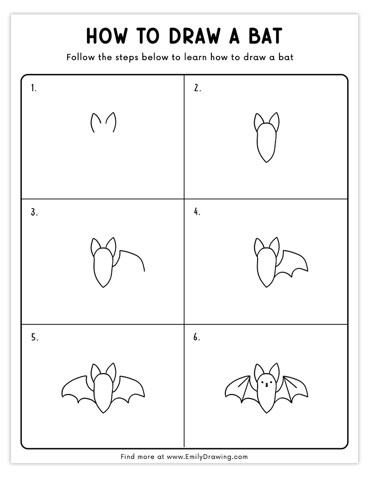 Easy tutorial to draw a bat with big ears and wings, ideal for beginners.