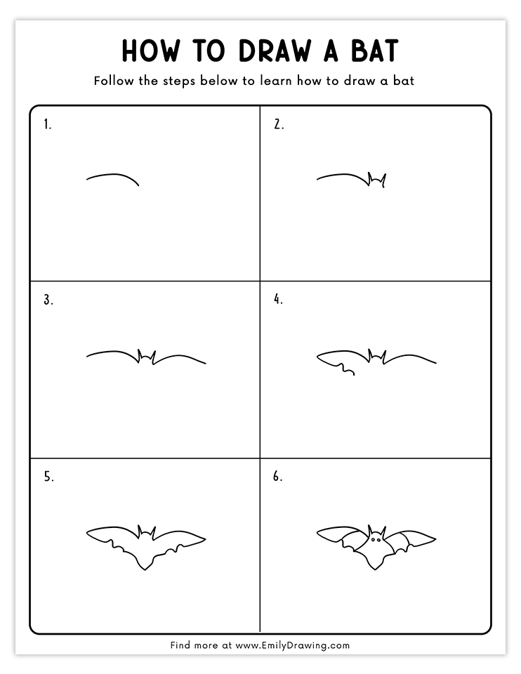 Simple step-by-step tutorial to draw a flying bat with detailed wings, great for beginners.