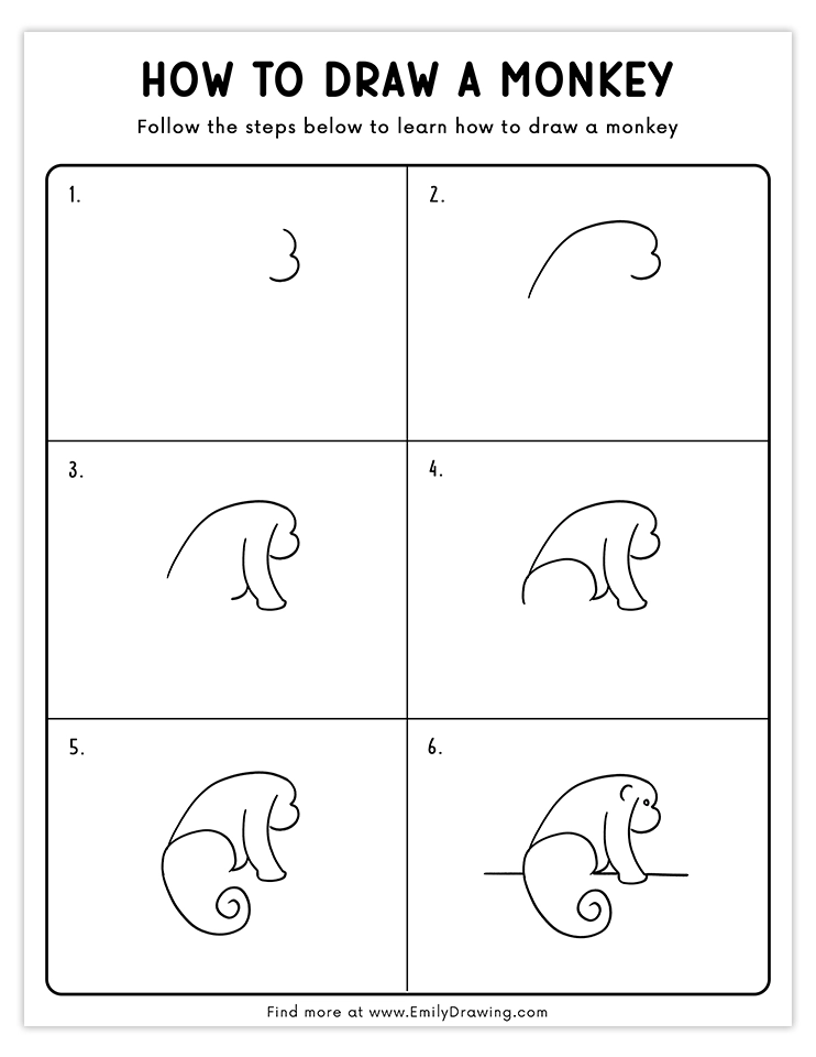 Step-by-step monkey drawing tutorial with simple instructions for beginners.