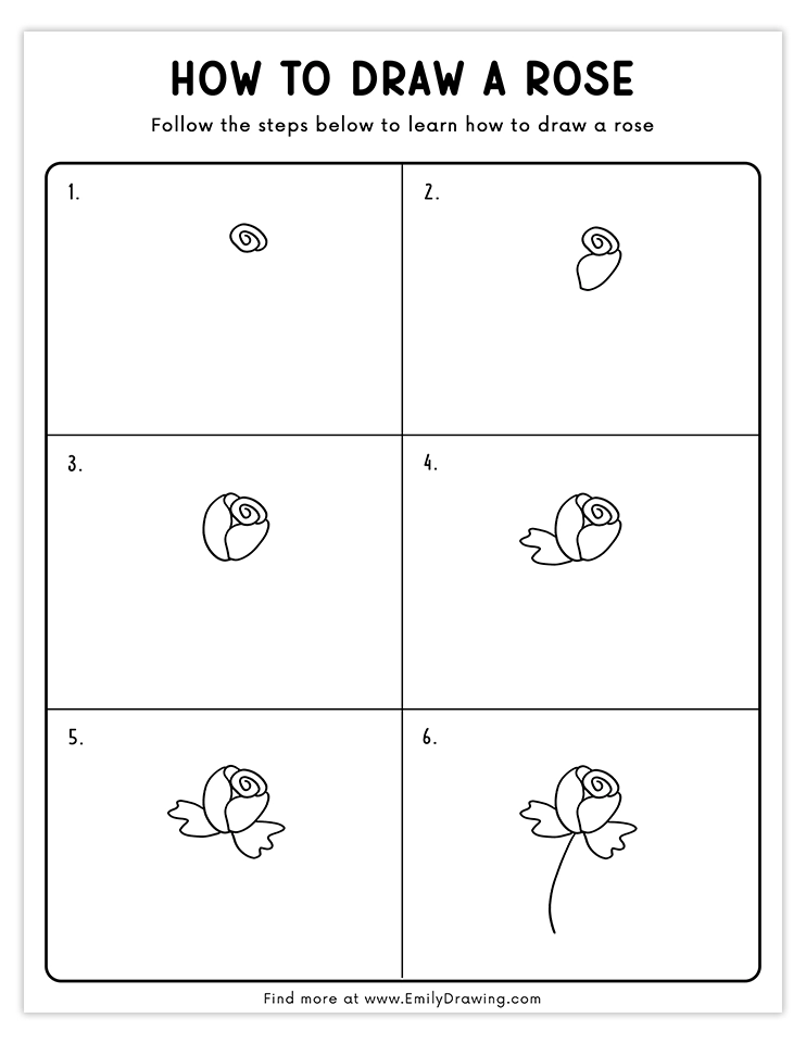 A 6-step tutorial to draw a detailed rose with petals, leaves, and stem.