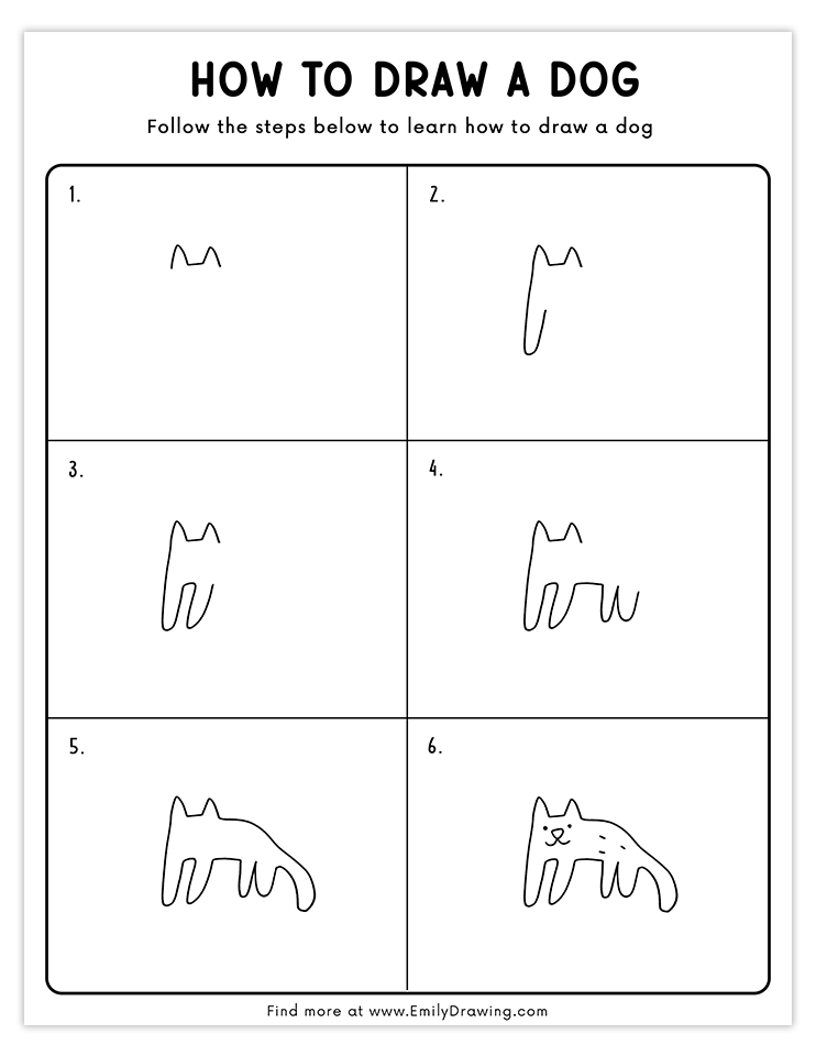 Learn how to draw a minimalist dog in six steps. Great for beginners and kids!