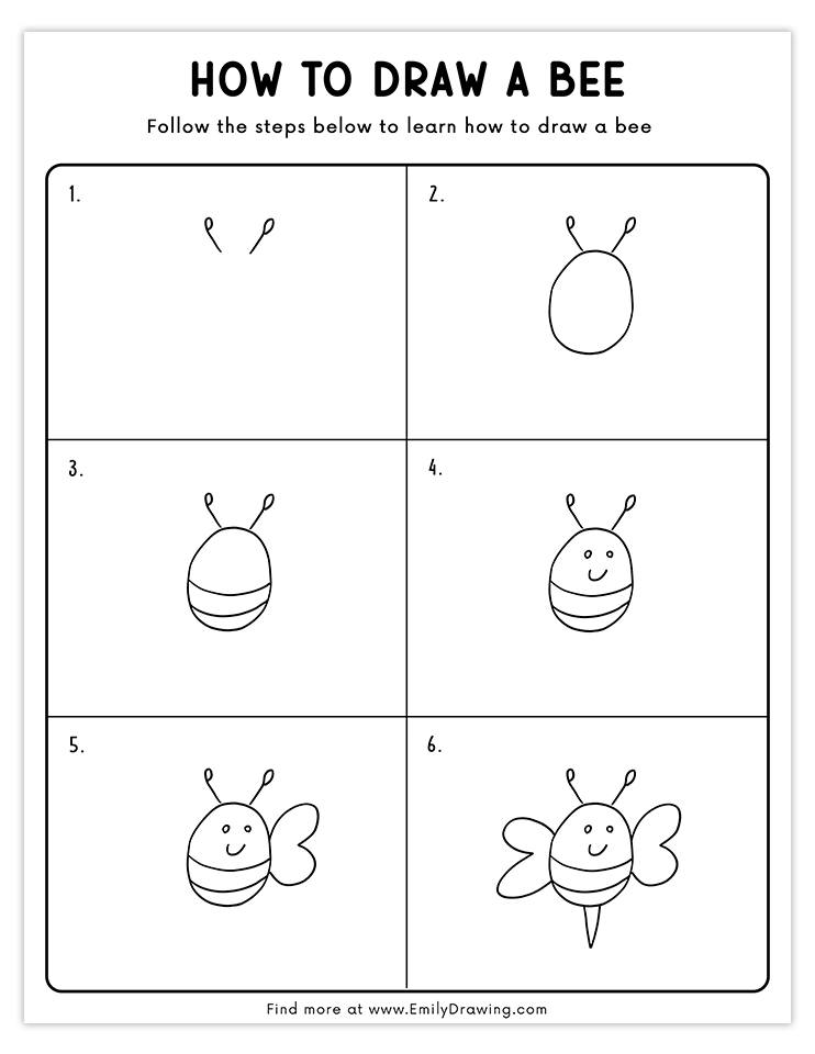 Learn how to draw a smiling bee with wings in six steps.