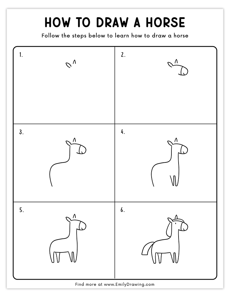 Simple step-by-step tutorial to draw a horse, perfect for beginners and kids.