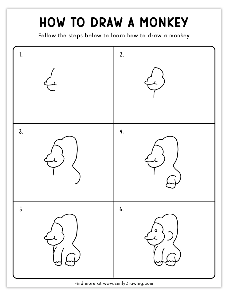 Easy tutorial to draw a monkey in six simple steps.