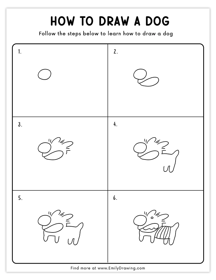 Fun six-step tutorial to draw a playful dog. Perfect for beginners and kids!