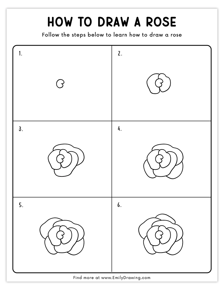 6-step rose drawing tutorial showing how to draw realistic rose petals easily.