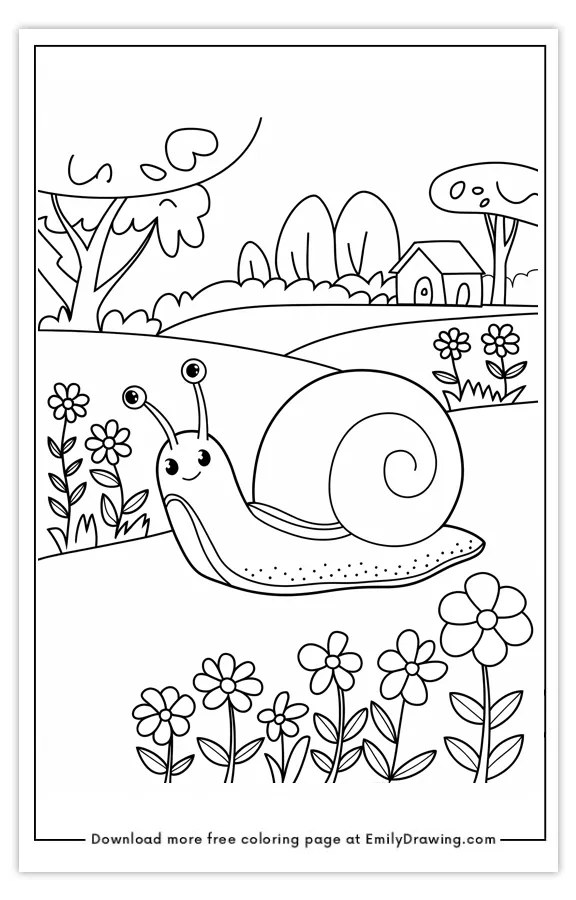 A cartoon snail in a garden with flowers and trees