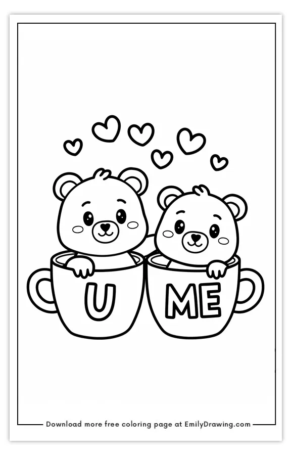 Two adorable cartoon bears sitting in coffee mugs labeled 'U' and 'ME', surrounded by floating hearts.
