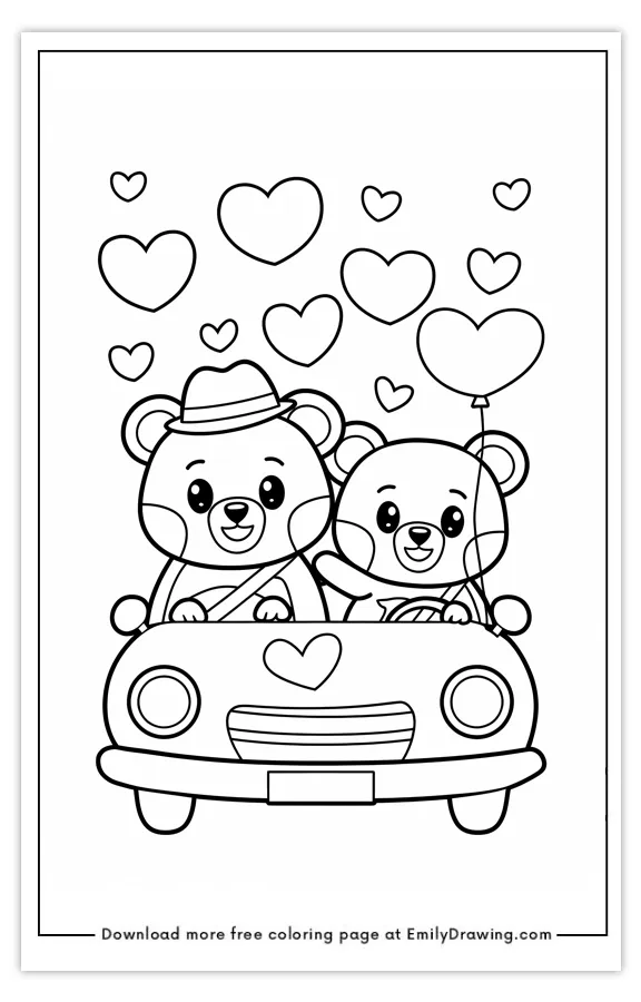 Two adorable bears driving a car surrounded by heart-shaped balloons.