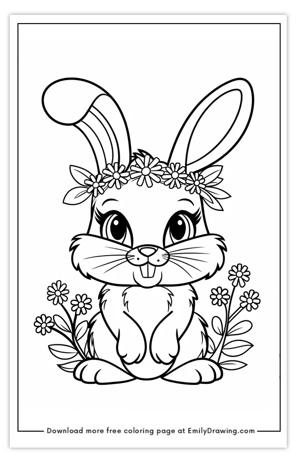 A coloring page featuring a cute bunny wearing a flower crown with flowers around it.