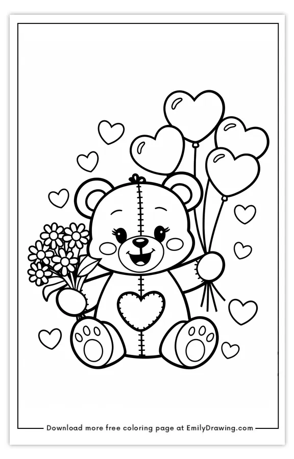 Adorable teddy bear holding heart-shaped balloons and a bouquet of flowers, surrounded by small hearts.
