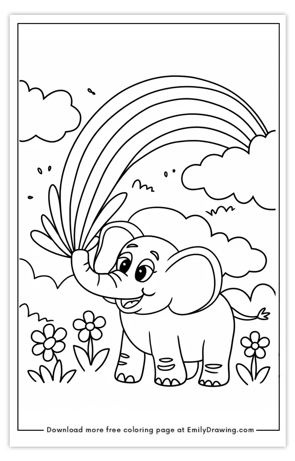 Coloring page of a cute elephant spraying a colorful rainbow with clouds and flowers in the background.