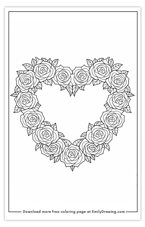 A heart-shaped wreath made of roses in a coloring page.