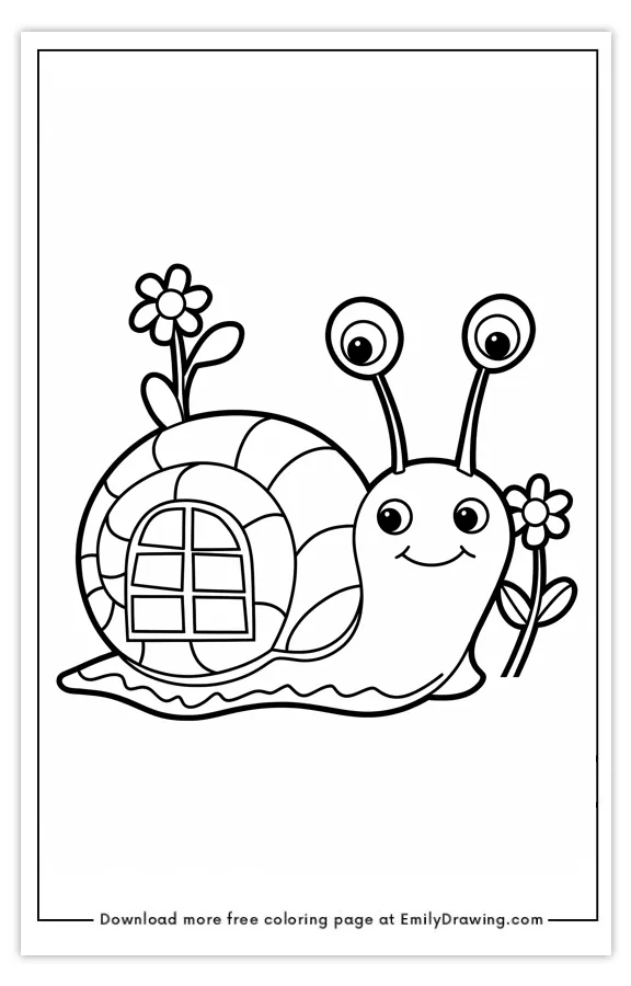 A coloring page featuring a smiling snail with big eyes and flowers around it.