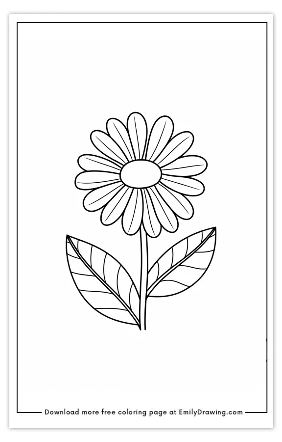 A black and white coloring page featuring a simple daisy flower with two leaves.