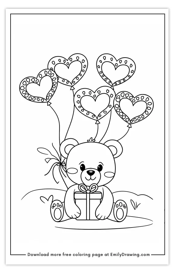 Happy teddy bear with heart-shaped balloons coloring page for kids