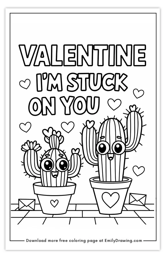 Happy cactus Valentine's Day coloring page for kids