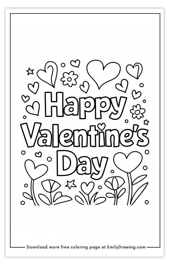 A Valentine's Day coloring page with hearts, flowers, and the words 'Happy Valentine's Day'.